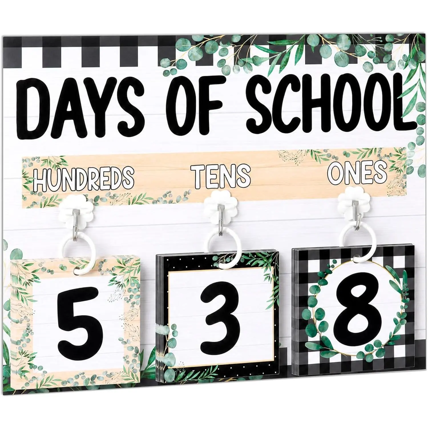 Eucalyptus Leaf Flip Counting Calendar with Glossy Print, Greenery Theme, Numbered Cards & Countdown Functionality – Classroom Wall Decor, Teacher Office Stationery Supplies for Bulletin Boards
