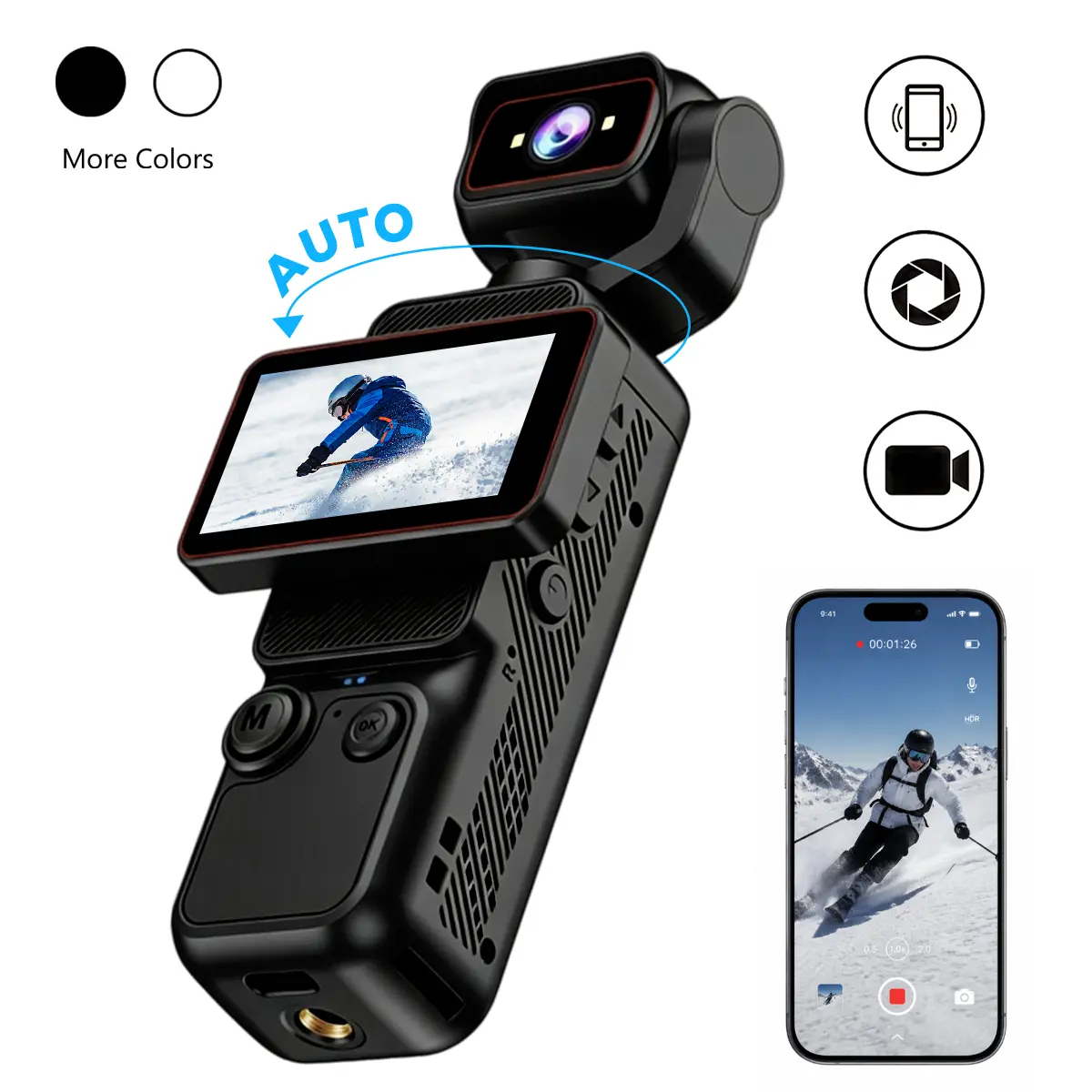 Pocket Handheld Camera,HD Video Camcorder, Streaming Camera Recorder, 180° Auto Rotating Lens,Manually flip the screen, 1.85-inch Display Vlog-1GB-32GB Card (White/Black)