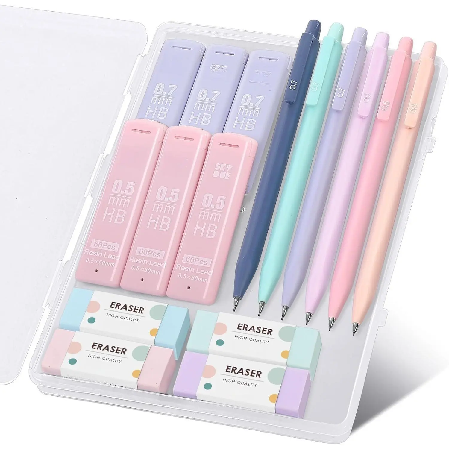 Pastel Aesthetic Mechanical Pencils Set Pack, 0.5mm & 0.7mm Lead Mechanical Pencils, 360 HB Lead Refills, 4 Pastel Erasers, Office Stationery Writing Tools for School Writing, Drawing