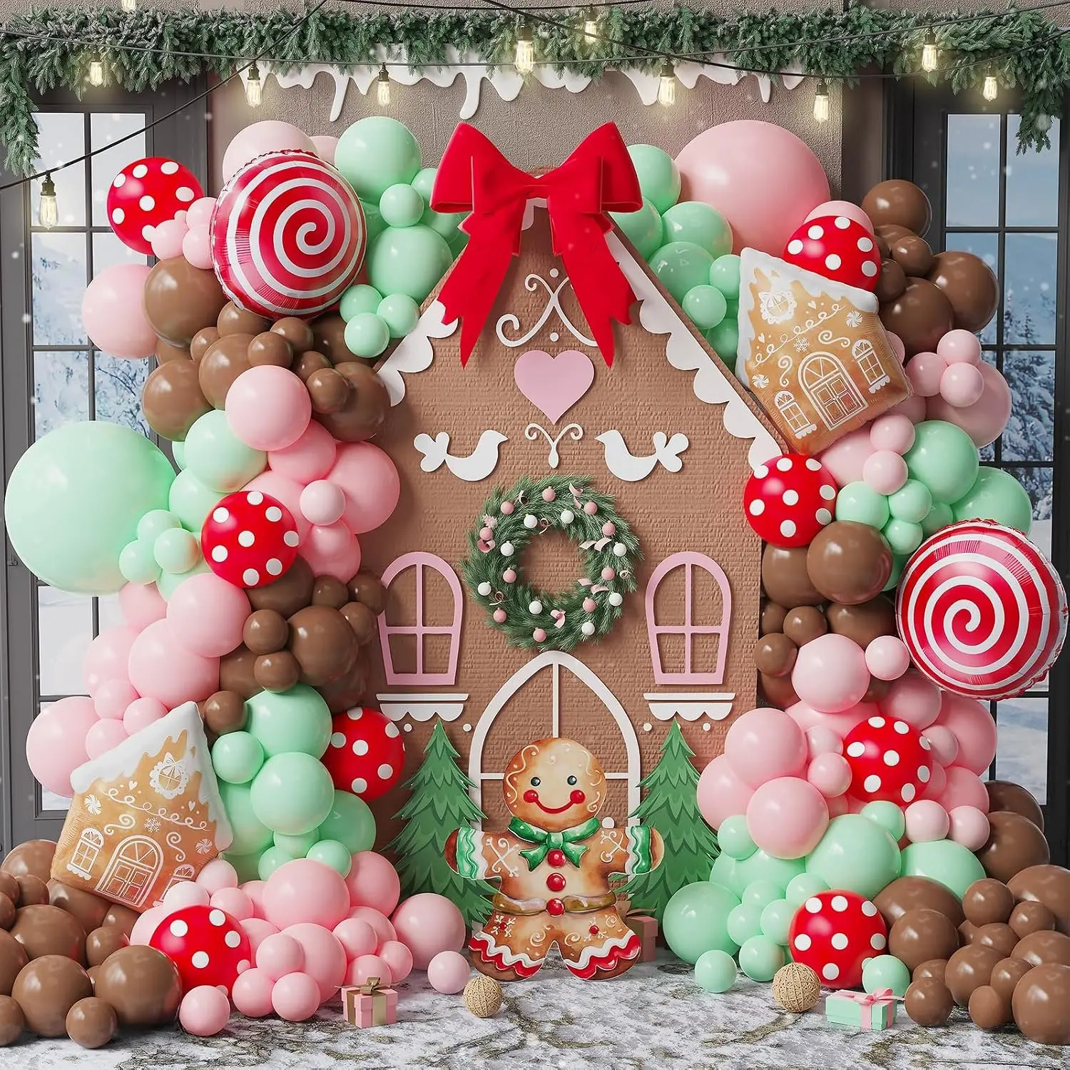 Christmas Gingerbread Balloon Arch Kit 146 count Red Brown Balloon Garland with Red Candy and Gingerbread House Mylar Balloon for Christmas Gingerbread House Candy Holiday Birthday Party Decorations