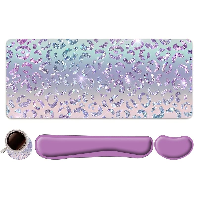 Sparkly Leopard-Print Mouse Pad Set, Mouse Pad & Keyboard Wrist Rest & Coaster, Waterproof Office Accessories Set, Non Slip Mousepad