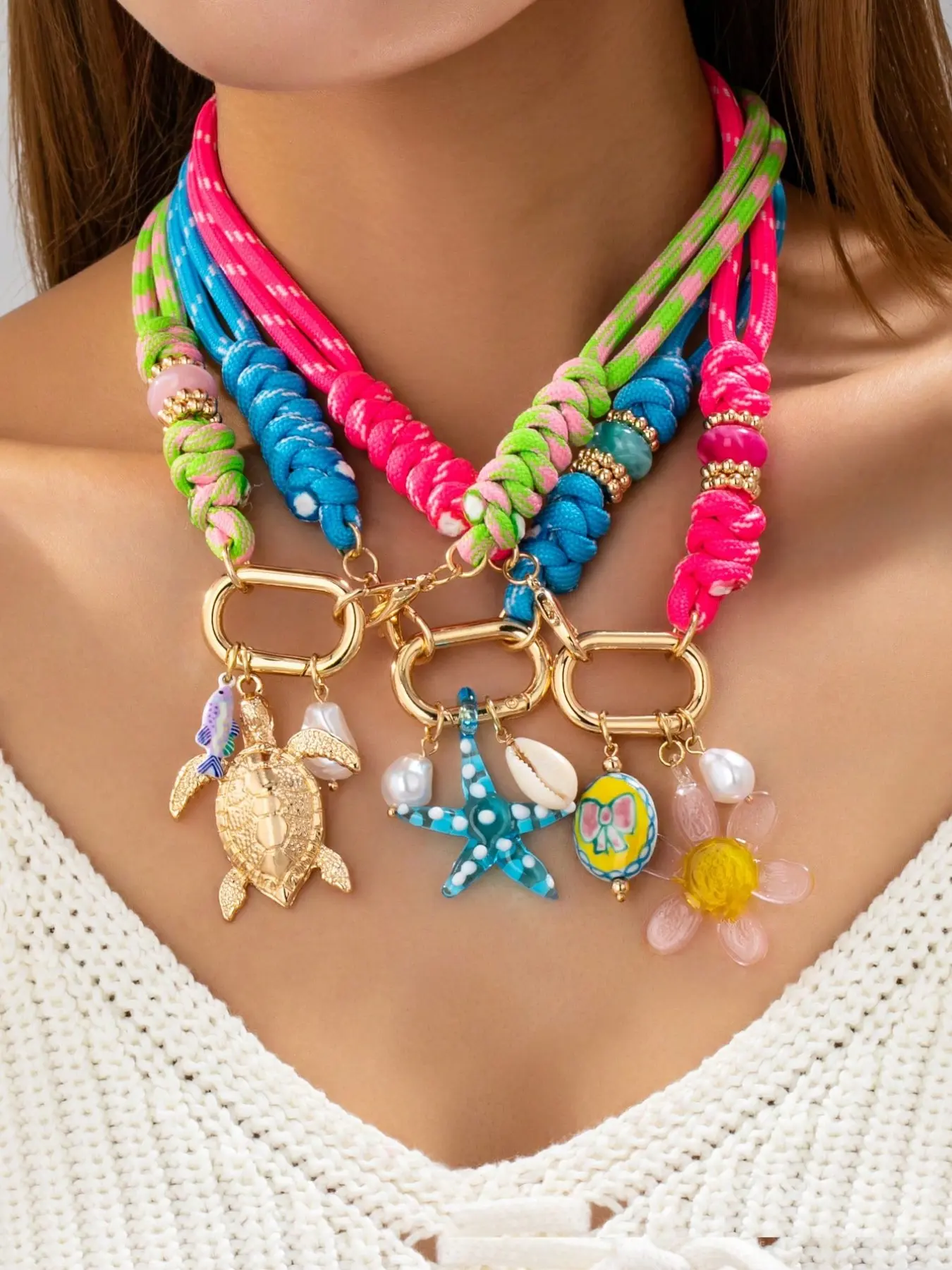 3 Pcs Boho Rope Cord Neddce wit Caratiner Pendant & Salil Chams- Heart Lacket Charms-DIY Persondized Ssylefor Daly and Beath Wear