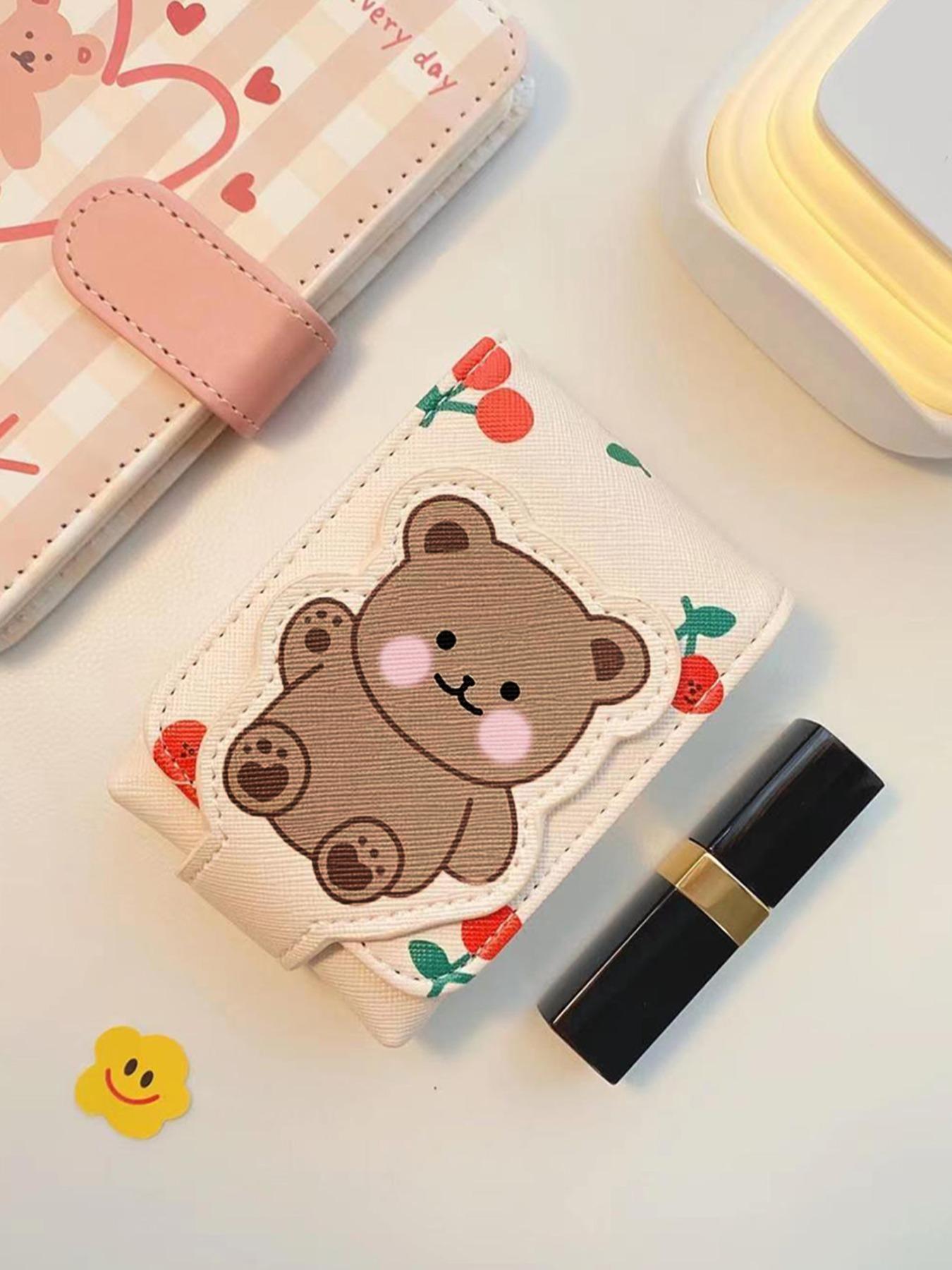 Father's Day Gifts, Cute Cartoon Bear & Cherry Pattern Makeup Bag with Mirror, Back To School, Portable Travel Makeup Bag, Cosmetic Storage Bag, Makeup Organizer Pouch for Women & Girls,