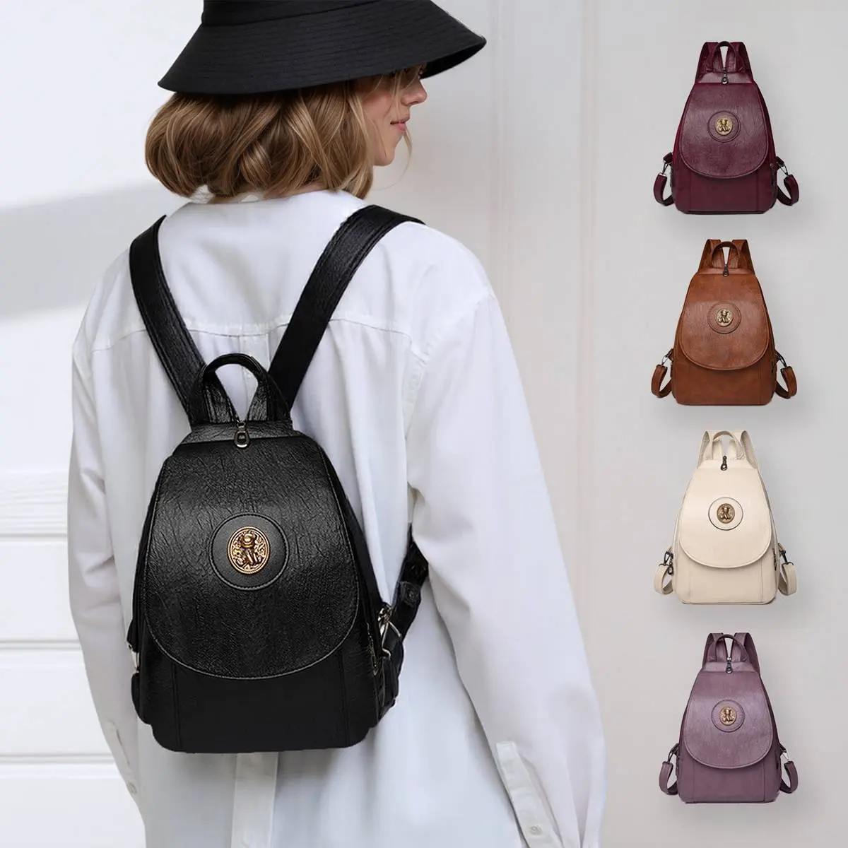 Women's Chic PU Leather Flap Shoulder Bag Top-Handle Backpack Casual Multi Pockets Zipper Purse for Dating & Commuting