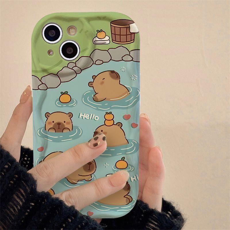Full-screen bath capybara Pattern Case for iPhone 16 15 14 Pro Max 13 12 11 XR XS Plus Shockproof Full Camera Protection Durable slim Silicone Cover