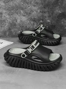 Men's Adjustable Letter Strap Sandals, Side Cutout Wave Massage Insole, Waterproof Soft Sole, Casual Sports Slippers for Home & Beach