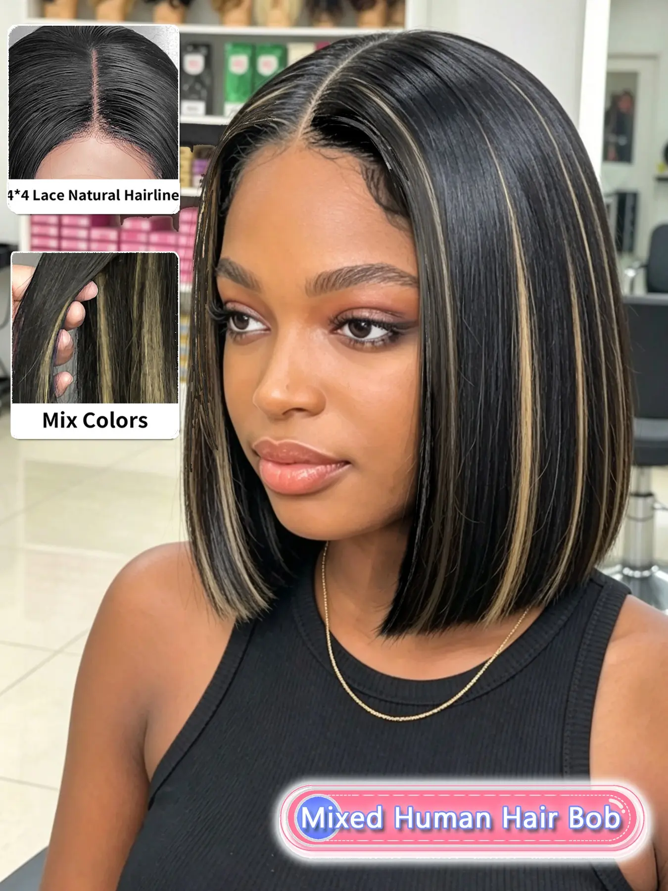 10 Inch Mixed Color Human Hair Straight Blunt Cut Bob Wig, 4x4 Lace Closure with Natural Middle Part, Silky Smooth Texture That Mimics Natural Hair Growth, Lightweight Breathable Design All-day Comfort for Women Daily Outings and Events