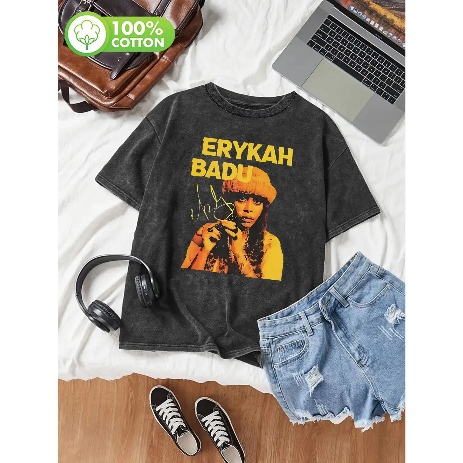 Men's Erykah Badu Iconic Graphic Oversized Tshirt - 100% Cotton Distressed Retro Washed, Drop Shoulder Shortsleeve Crew Neck Casual Top