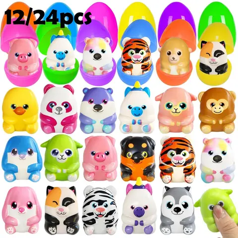 12/24 Pcs Surprise Egg Filled Slow Rising Squishy Toys, Cute Animal Soft Squeeze Fidget Toys, Party Favors, Classroom Rewards, Gifts
