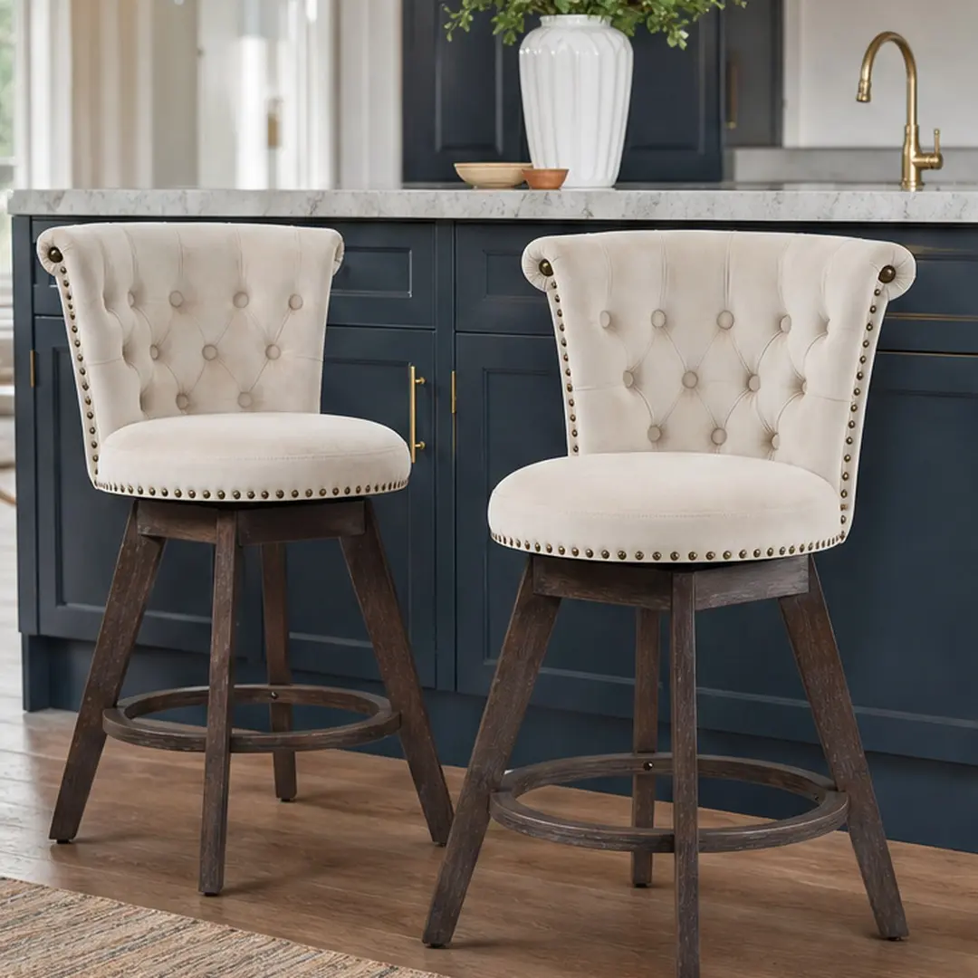 ARCH 26-Inch Counter Height Swivel Chairs Set of 2, 360° Swivel Velvet Upholstered Barstools with Tufted Back, Button-Trimmed Edges, Memory Foam Cushion, Wood Legs, American Design, Assembly Required for Kitchen Home Bar