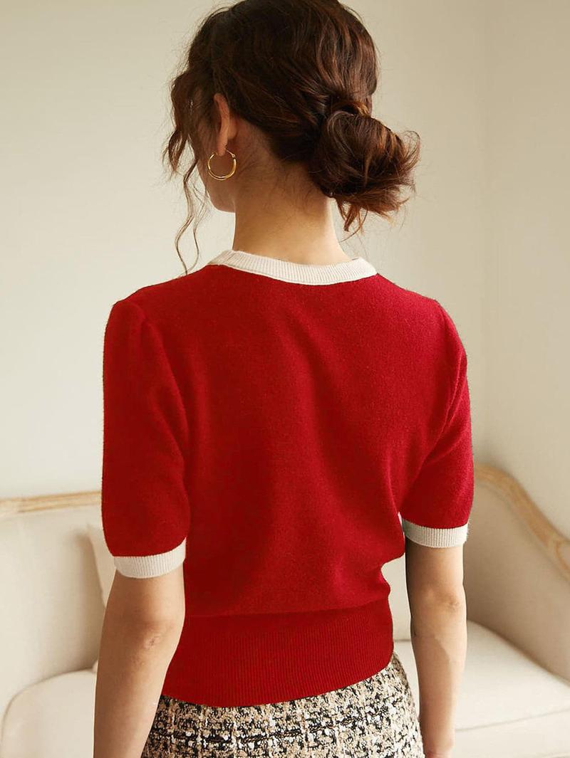 Women's French Knit Commuter Top, Colorblock Round Neck Short Sleeve Loose Fit T-Shirt, Casual Summer & Spring Fashion