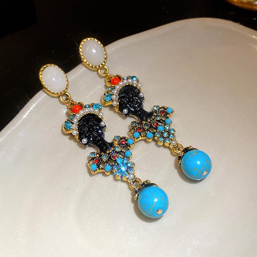 Vintage silver needle set with diamond resin oval earrings, a light luxury and high-end stud, a vintage court-style earring