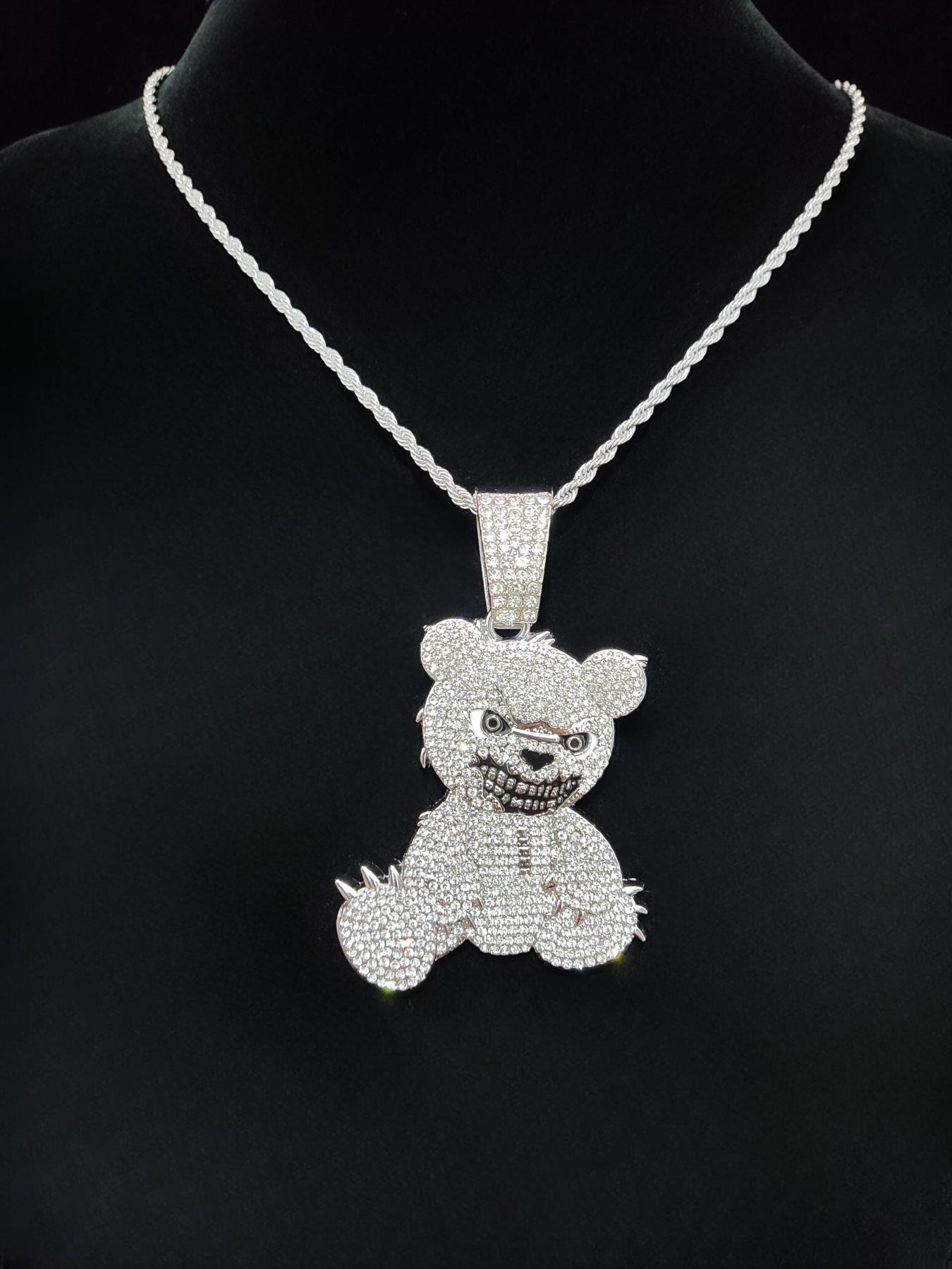 Unisex Punk Style Bear Pendant Necklace, Rhinestone Decor Cuban Chain Necklace, Fashion Jewelry for Party, Daily Decor, Bling Stylish Accessory, Jewelry for Birthday Gift, Valentine's Day, Cuban Link Chain, Necklaces Men, Statement Necklace