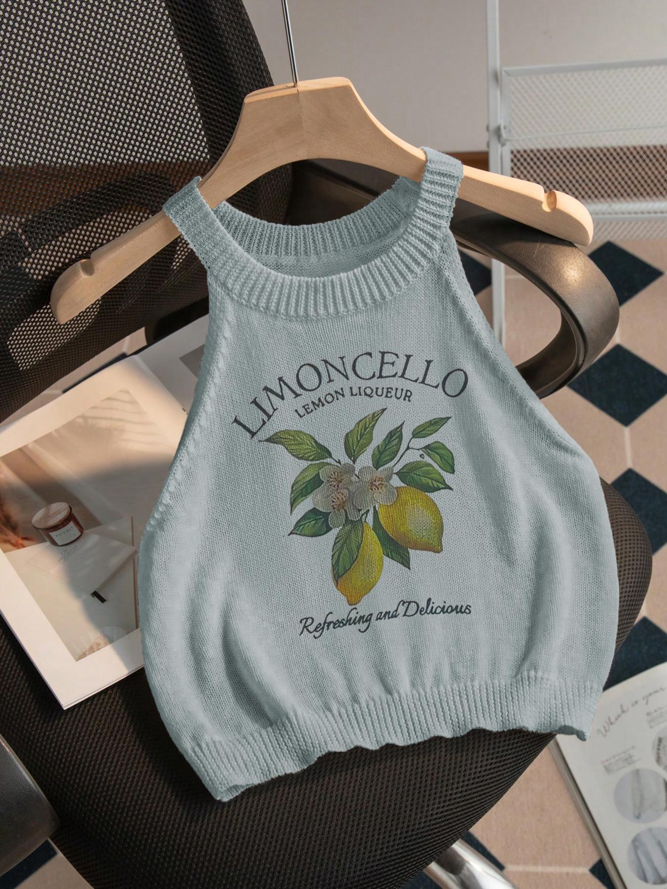 Women's Lemon Print Round Neck Crop Sweater Vest, Casual Lettuce Trim Sleeveless Knit Tank Top for Summer, Fashion Women's Knitwear for Daily Wear