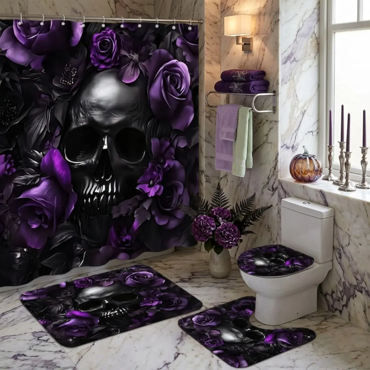 4pcs Purple Rose Skull Goth Bathroom Decor Set, Floral Gothic Print Shower Curtain Backdrop, Halloween Vibes, Spooky Season TikTok Trending Home Styling