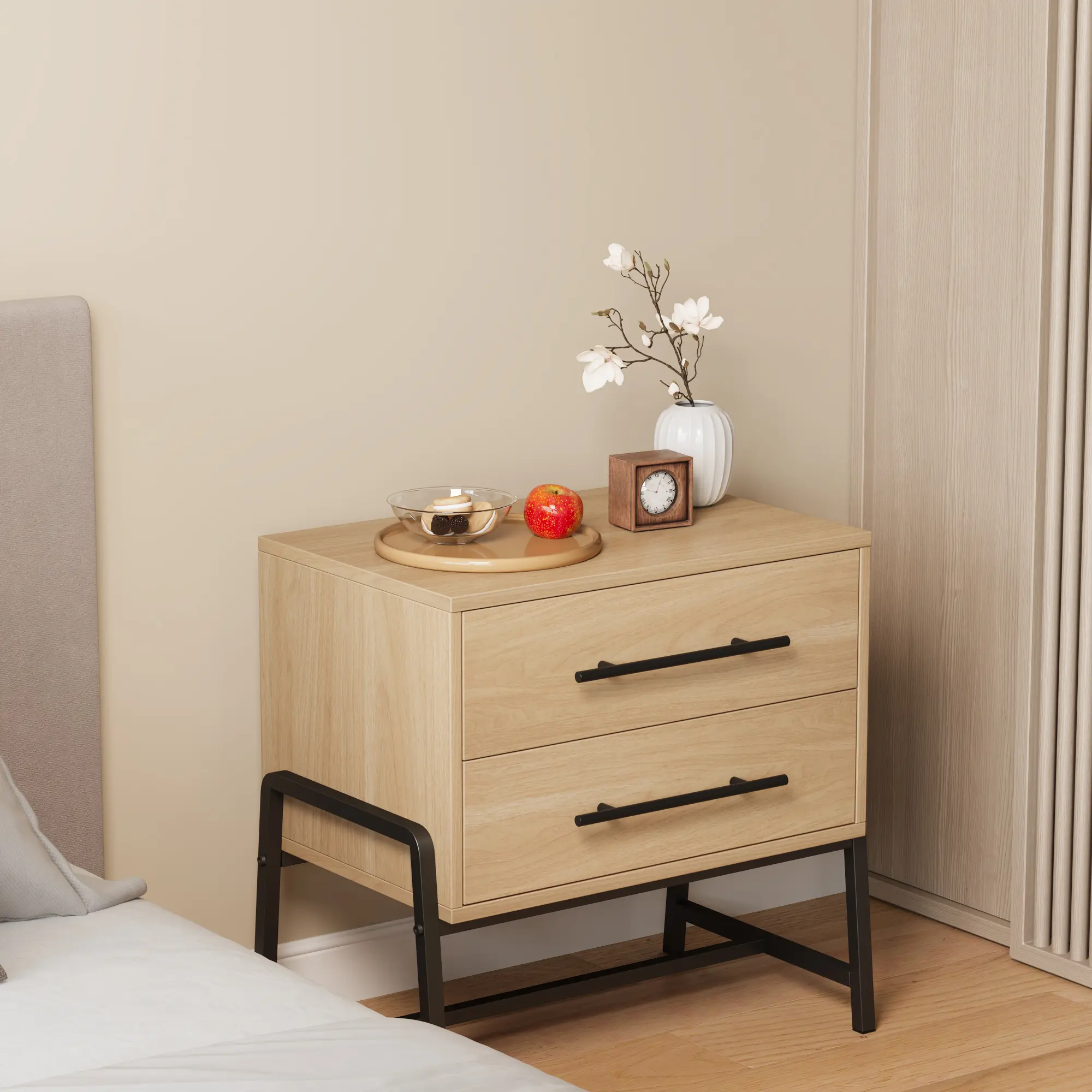 【IdealHouse】Rectangular Modern Light Wood Nightstand with Drawers, Wide Storage End Table with Metal Legs for Bedroom, Wooden Construction Indoor Furniture