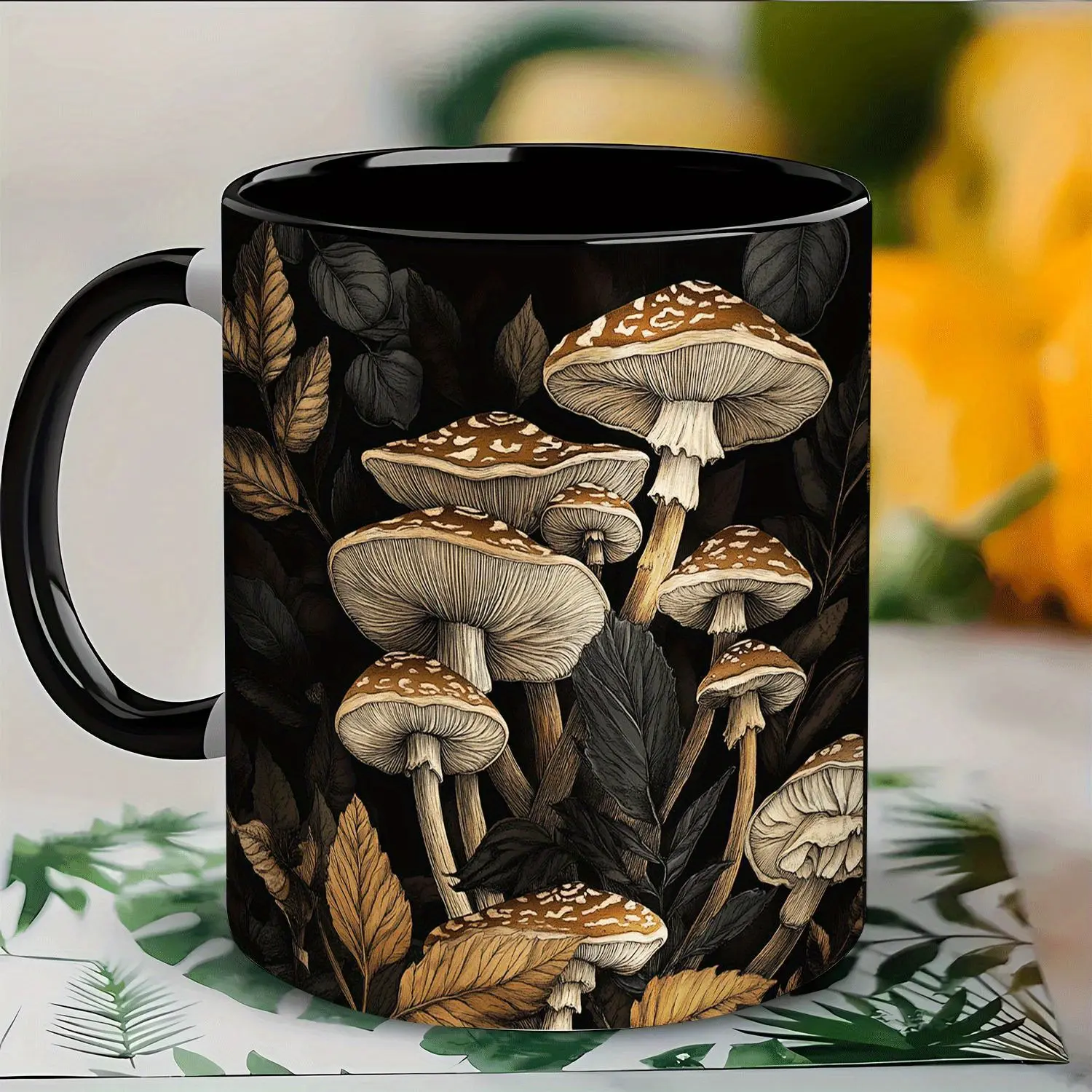 11Oz Black Ceramic Mushroom Print Mug - Stylish Kitchenware Drinkware for Coffee, Tea - Valentine Gift for Easter, Birthdays - Office Use