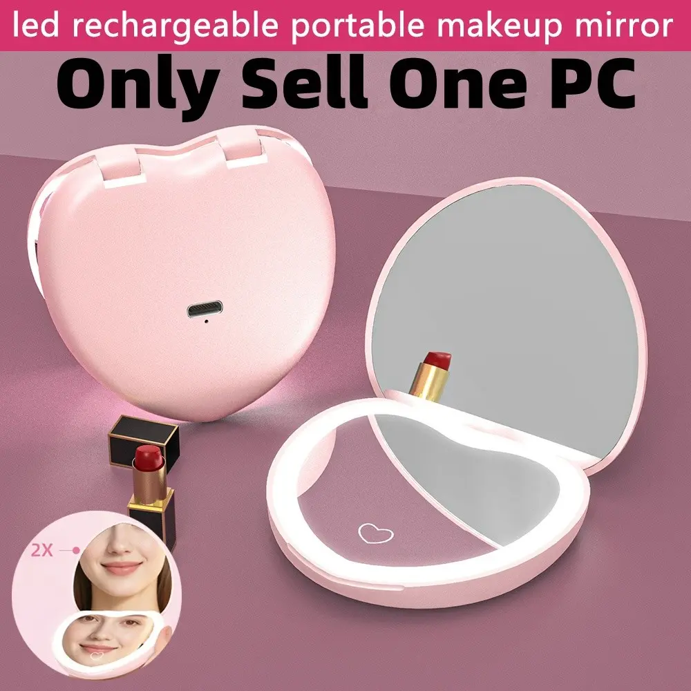 Heart-Shaped  Magnifying Makeup Mirror, Magnetic LED Lighted Vanity Mirror,Compact Mirror, 1x/2x Magnification Pocket Mirror for Travel and Outdoor Use
