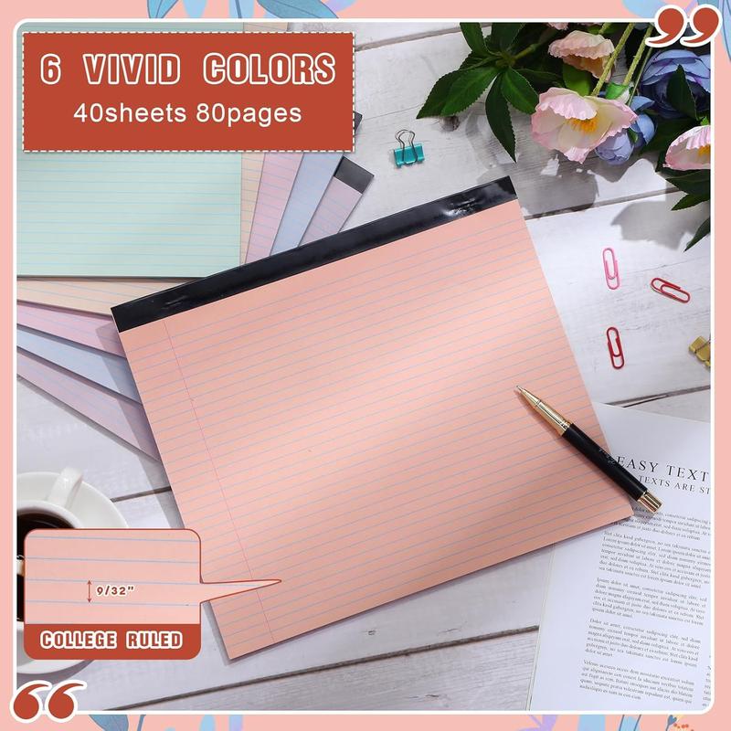 6 count 11" x 9.5" Legal Pads College Ruled Notepad Landscape Notebook Horizontal Lined Notebook 80 Gsm Assorted Colors Paper Pastel Writing Pads for School Office, 40 Sheet (Cute Color)