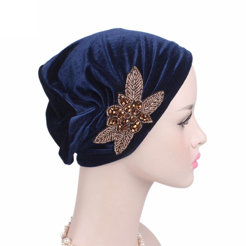 Velvet Pleated Turban Hat with Beaded Flower, Soft Hair Loss Bonnet for Women