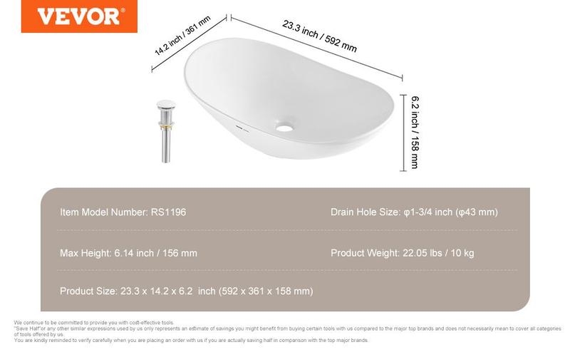 VEVOR Modern Ceramic Vessel Sink 23.3" x 14.2" Bathroom Vanity Bowl Countertop