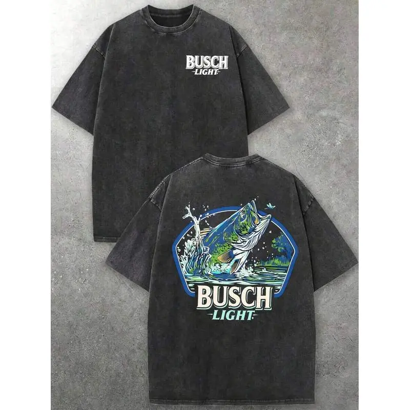 230g Washed Cotton T-Shirt - Outdoor Fishing Style.Featuring Busch Light And A Largemouth Bass Motif.Perfect For Everyday Wear Or As A Holiday Gift.