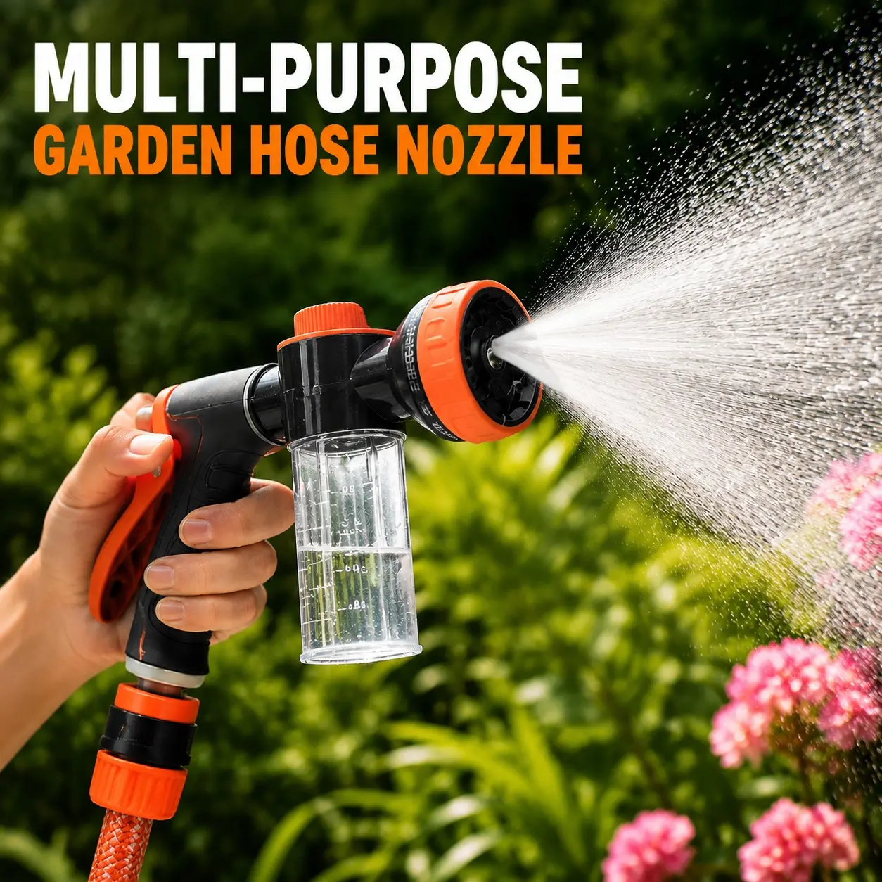 Multi-Function Garden Hose Nozzle, Adjustable Water Flow, Soap Dispenser, Sprinkler head only, water pipe not included,Ergonomic Design, Multiple Spraying Modes, Pet Bathing, Car Washing, Plant Irrigation