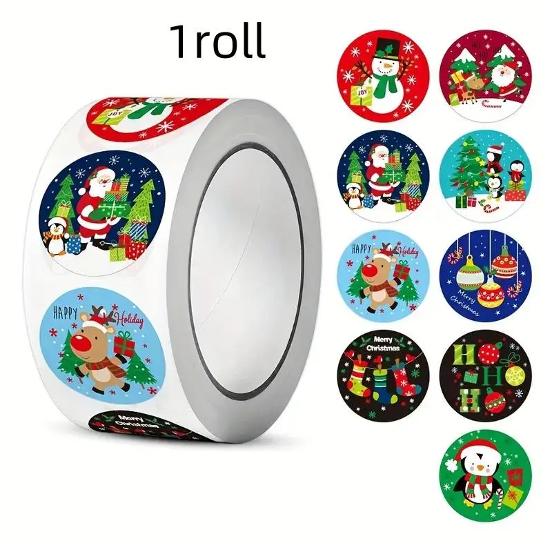 Christmas Stickers Roll, 500 Pieces Per Roll, Self-Adhesive Holiday Decorations, Envelope Seals, Gift Wrapping Supplies