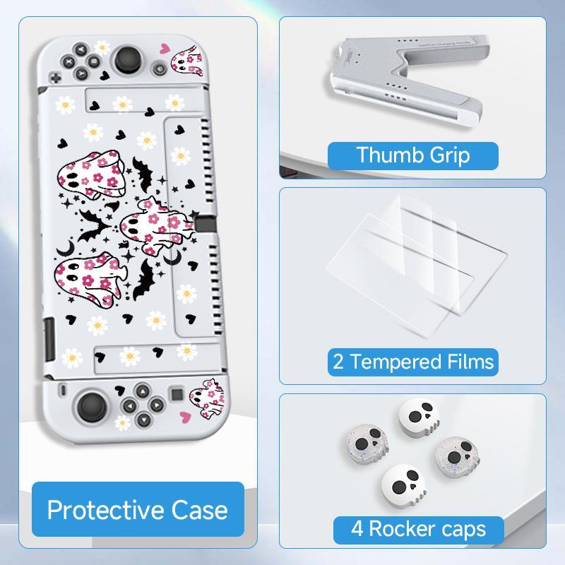 Cute Ghost Pattern Game Console Protective Case with Tempered Film & V-shaped Grip & Rocker Cap, Game Console Accessories for Switch OLED/NS/Lite