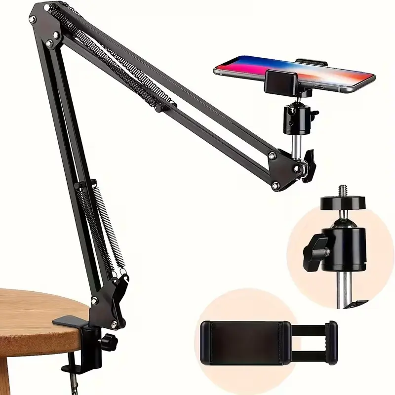 Adjustable Metal Vlog Stand with Phone Holder, Flexible Hinged Arm for Desktop and Overhead Shooting, Ideal for Live Streaming and Photography