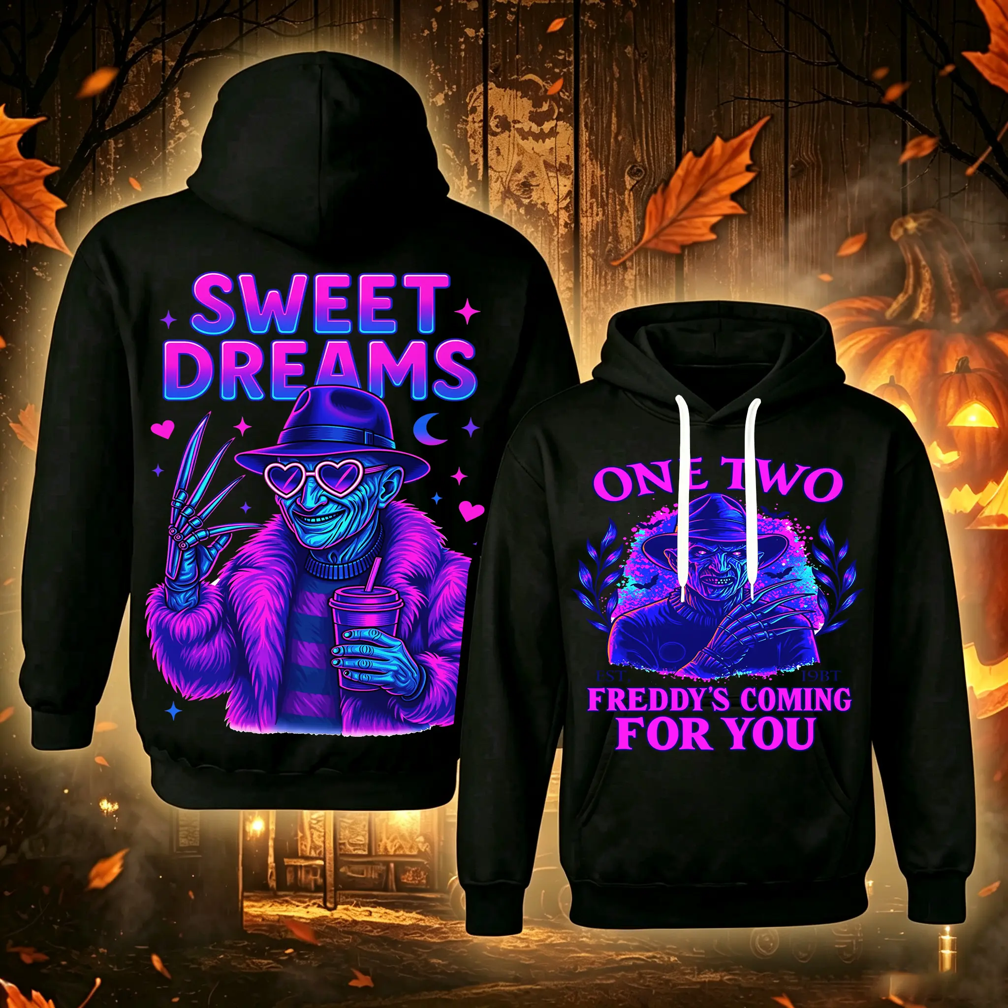 Horror Icons Hoodies |   Vibrant Neon Slasher Hoodie Designs |   Halloween Hoodies, Preppy Goth Sweatshirts, Horror Movie Lover Apparel