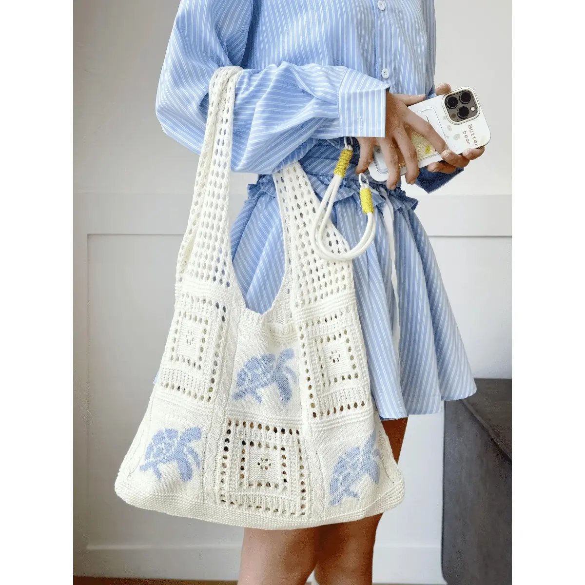 Women's Turtle Print Beach Bag, Handmade Crochet Tote, Lightweight & High-Capacity Casual Trendy Purses for Travel & Daily Use, Casual Handbags, Hangable