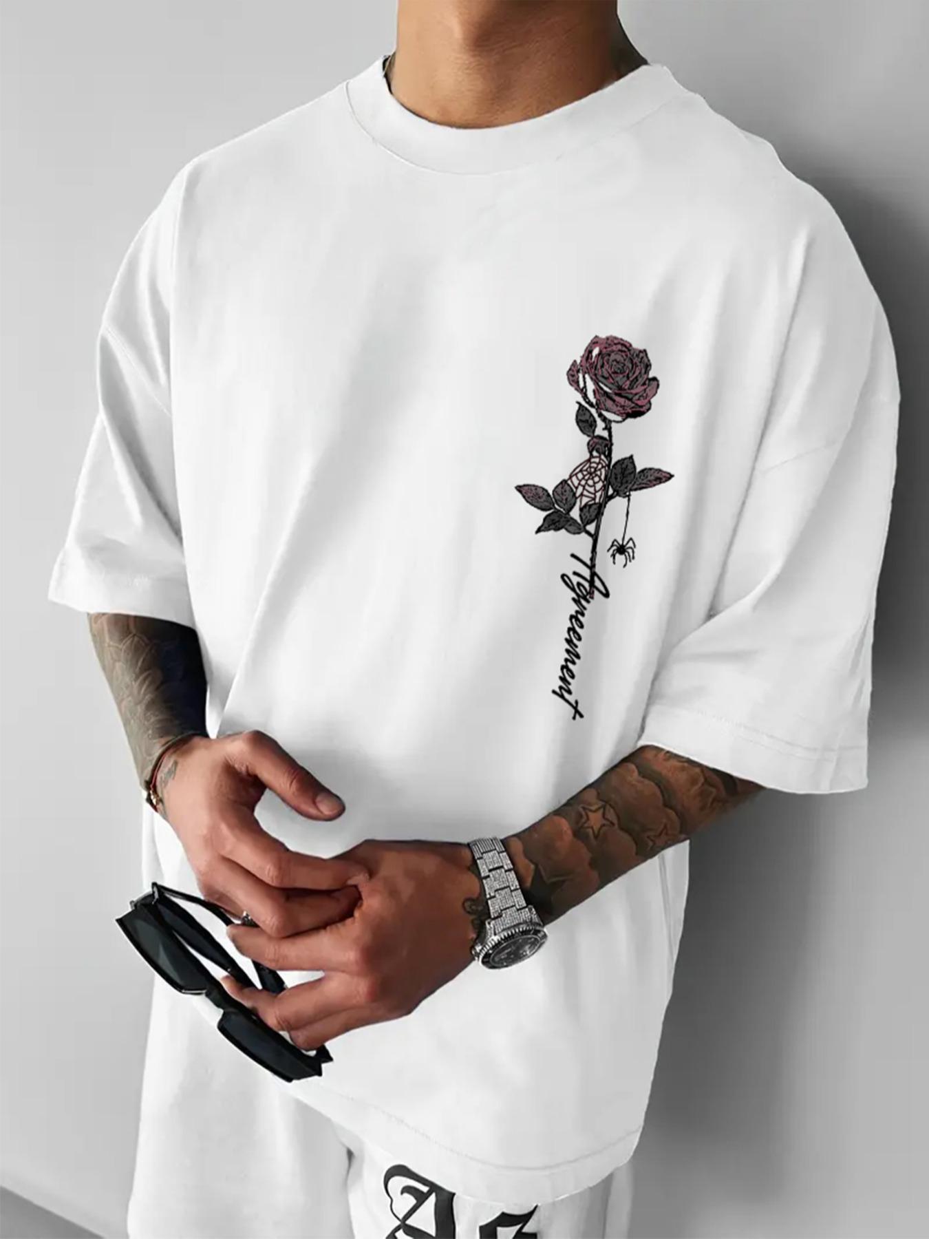 Men's Rose & Athletic Letter Print Round Neck Tee, Loose Casual Fashion Short Sleeve T-shirt for Summer, Men's Top for Daily Wear