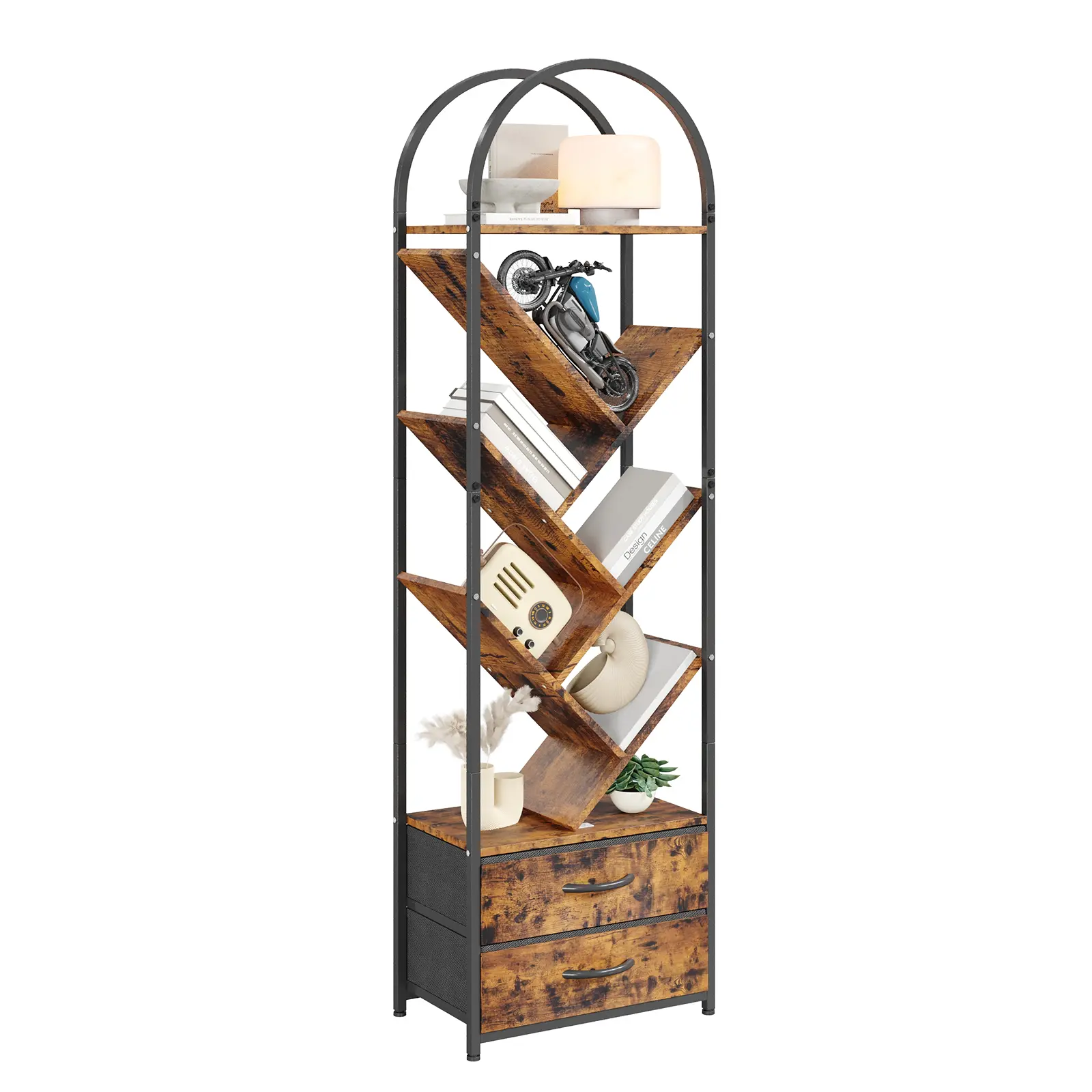 【GARVEE】Tall 6-Tier Tree Bookshelf Equipped with 2 Fabric Storage Drawers, Narrow Industrial Rustic Brown Wood & Metal Bookcase, Space-Saving Vertical Storage Display Rack, Back to School Decor Furniture for Small Space Living Room, Bedroom and Home Offic