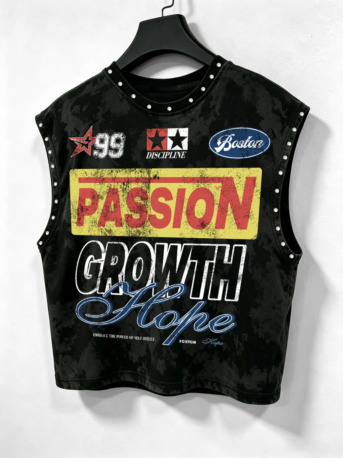 American Vintage Rivet Sleeveless Vest for Men, Street Racing Print Short Jacket, High Street Dark Loose Sporty Style, Letter Print Casual Top