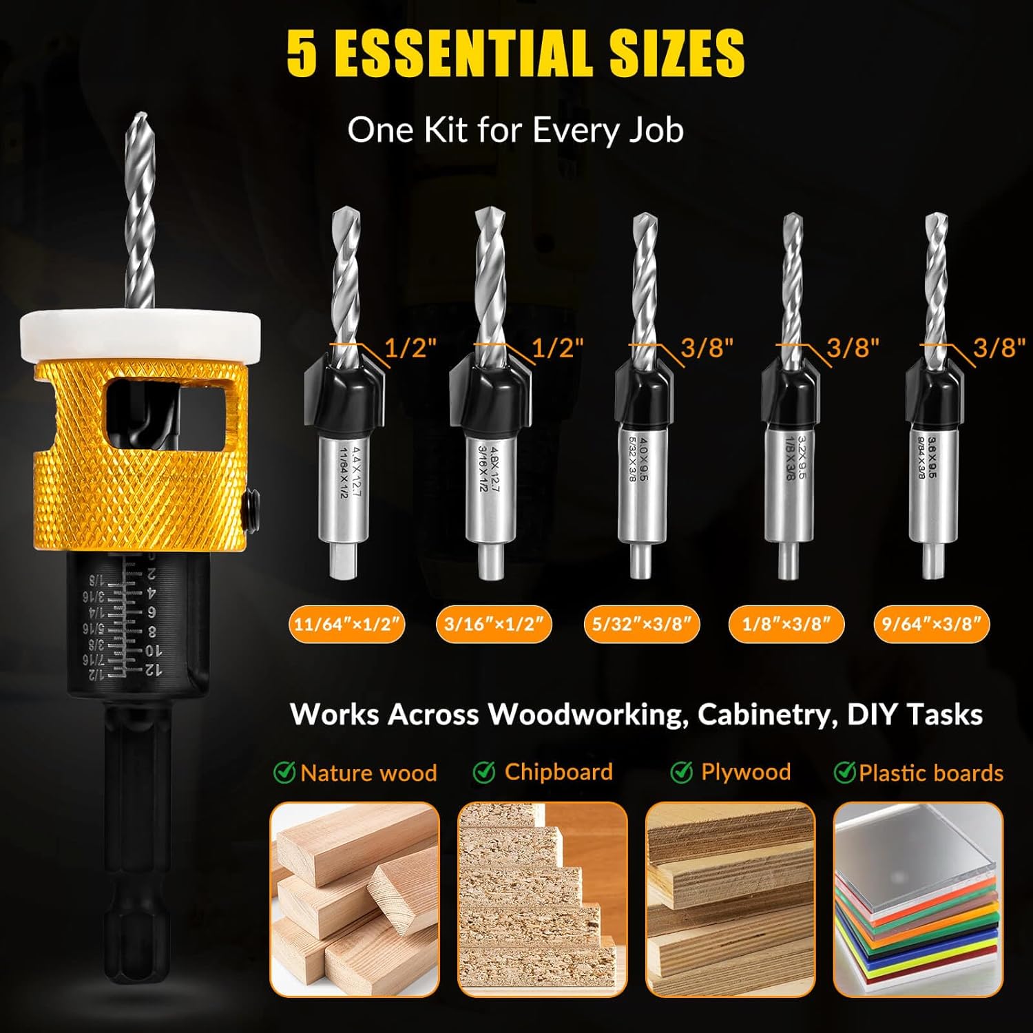 5 count Countersink Drill Bit Set, Low Friction Depth Stop, 1/8 9/64" 5/32" Drill + 3/8" 82? Counter-Bore, 11/64" 3/16" Drill + 1/2" 82? Counter-Bore, 1/4" Hex Shank, for Woodworking, with Storage Box