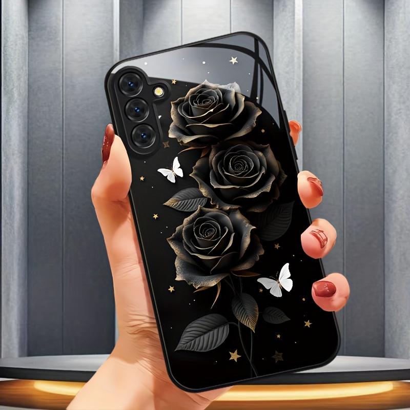 Black Rose White butterfly Glass PhoneCase suitable for Samsung Galaxy S26 S25 S24 S23 S22Pro S21 S20 Fe Plus Ultra Pro A56 A55 A54 A53 A52 A51 A36 A35 A34 A32 A26 A25 A24 A23 A16 A15 A14 A06 A05 A03s