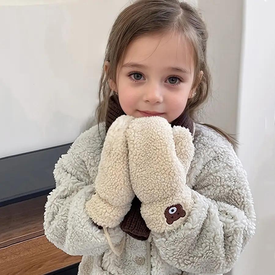 Kids Plush Winter Gloves with Neck Hanging Loop - Thick Warm Thermal Mittens for Boys & Girls 2-5 Years, Soft Brown/Beige/Gray/Black, Cozy Everyday & Play, Easy On/Off Design, Ideal for Christmas & New Year's Gifts, Adorable Plush Material for Boys & Girl