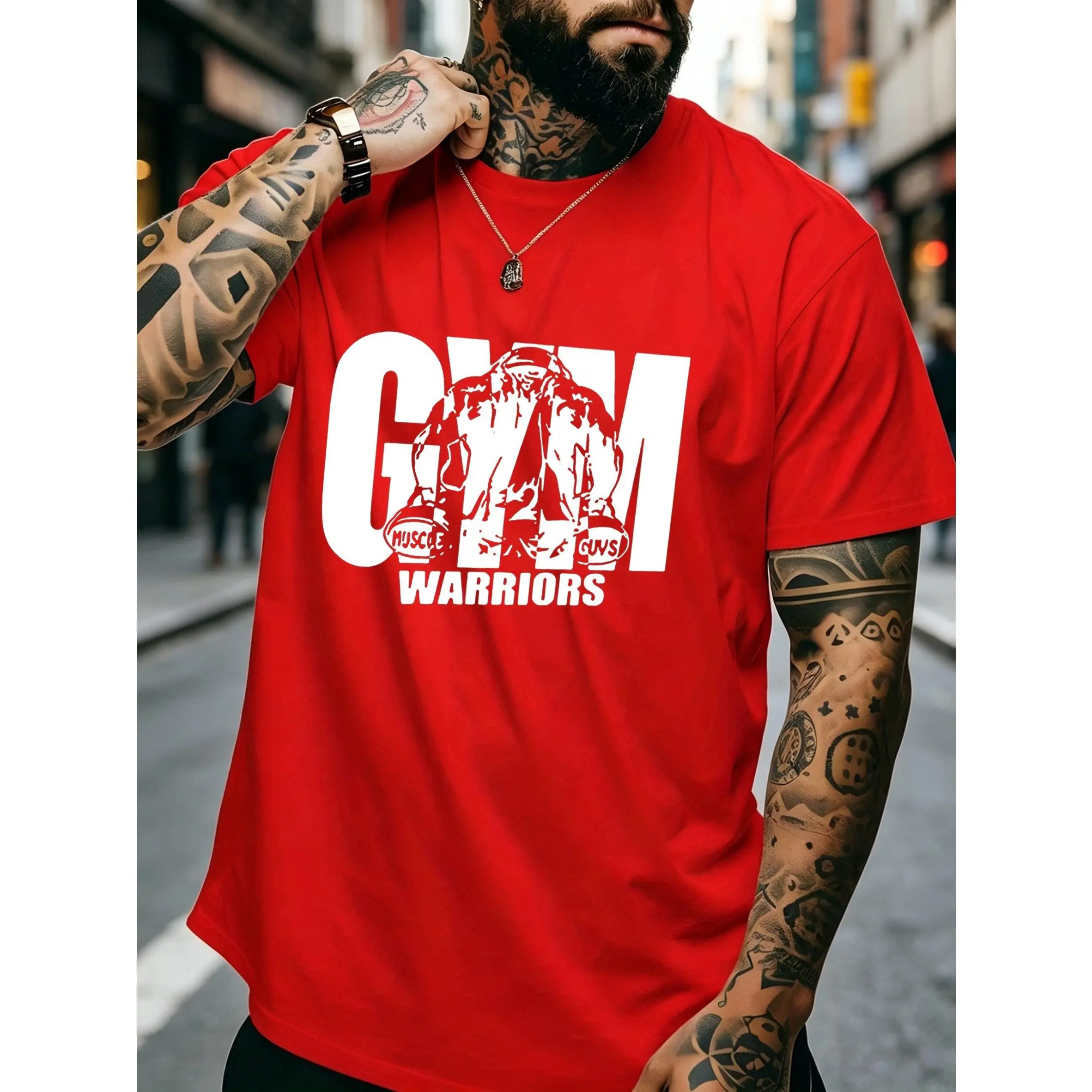 Men's T-shirt, GYM Fitness Warrior with Kettlebell Silhouette and Letter Print, Strength Fitness Street Style, Casual Loose Crew Neck Top, Breathable and Skin-Friendly, Versatile Short-Sleeve for Everyday Wear