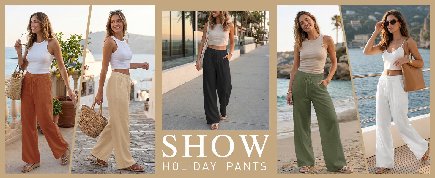 Womens Casual Linen Wide Leg Pants Flowy Drawstring High Waist Palazzo Beach Vacation Trousers