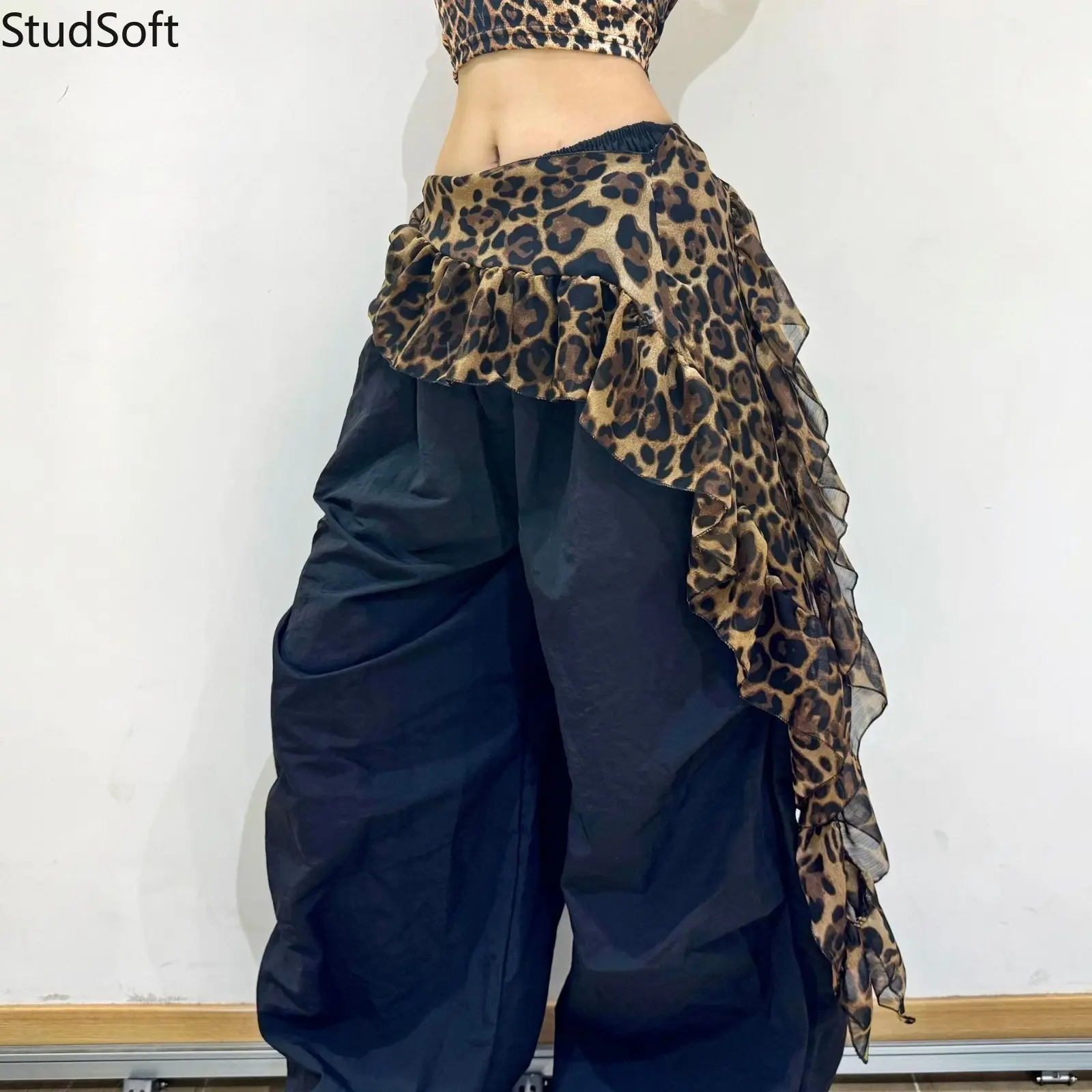 Y2K Leopard Print Ruffle Hip Scarf for Women Sexy Mesh Asymmetric Tiered Skirt Extender Jazz Dance Waist Apron Trendy Streetwear Clubwear