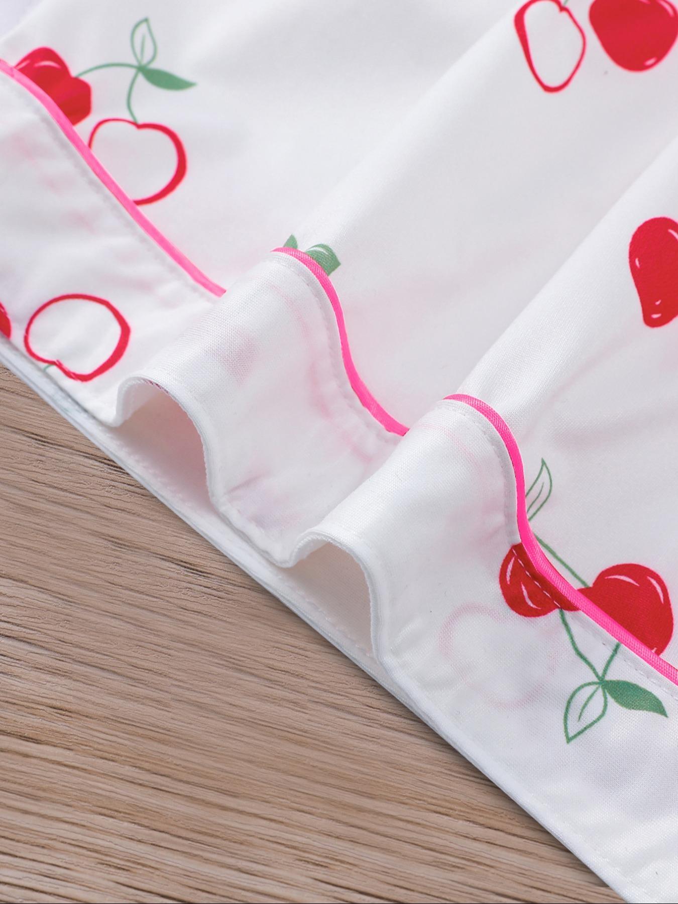 Women's Cherry Print Shirt & Elastic Waist Shorts Pajama Two-piece Set, Casual Comfy Short Sleeve Top & Shorts Pj Set, Ladies Sleepwear for All Seasons, Womenswear, Pyjamas