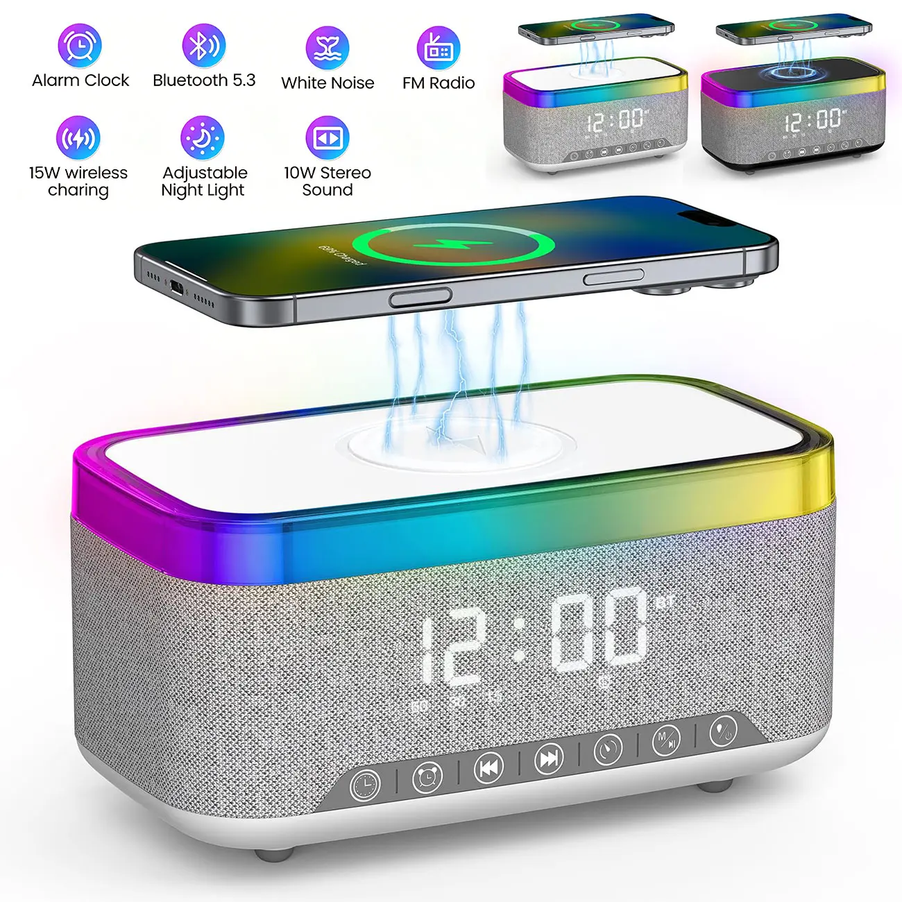 5 in 1 Multi-Functional Smart Alarm Clock 15W Wireless Charger Bluetooth Speaker FM Radio White Noise Machine 12 RGB Night Light for Bedroom Adults Teens White/Black