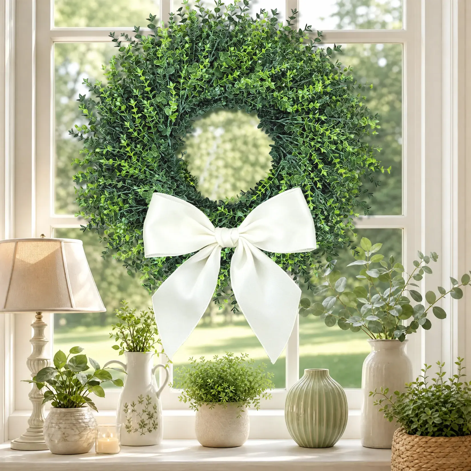 20 in Minimalist Artificial Boxwood Wreath - Lifelike Greenery, Eucalyptus Summer Design, Outdoor Decoration - Artificial Leaves Wreaths, Garlands & Swags for Home, Wedding