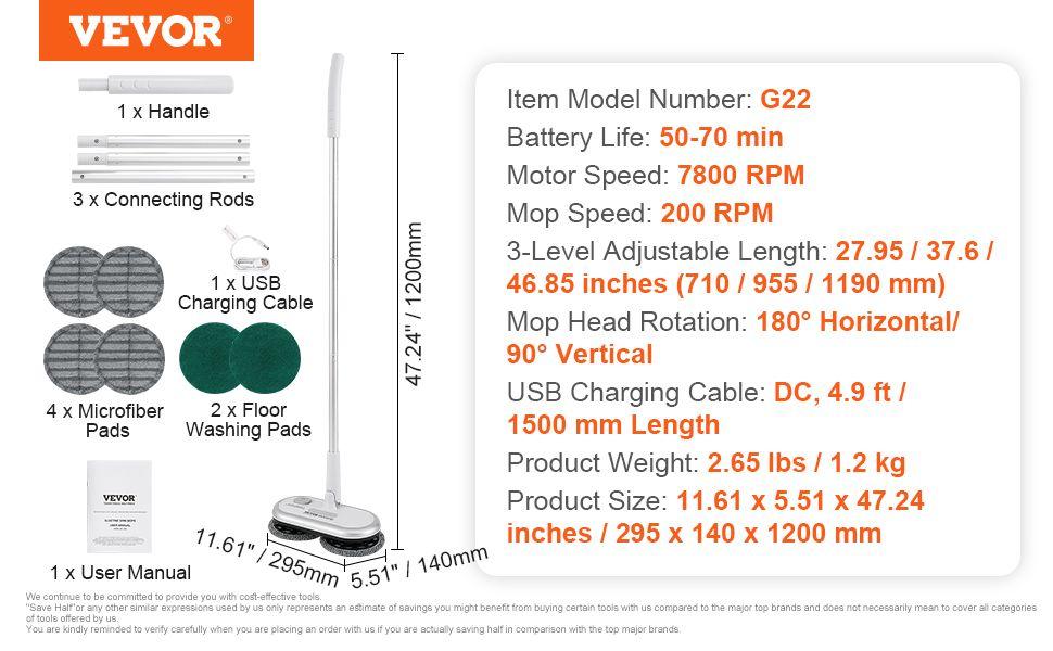 VEVOR Cordless Electric Mop, Up to 70 mins Powerful Battery, Electric Spin Mop with Dual Spinning Mop Heads, 4 Microfiber Pads & 2 Floor Scrubber Pads, for Hardwood Floor/Bathroom/Tile Floor Cleaning