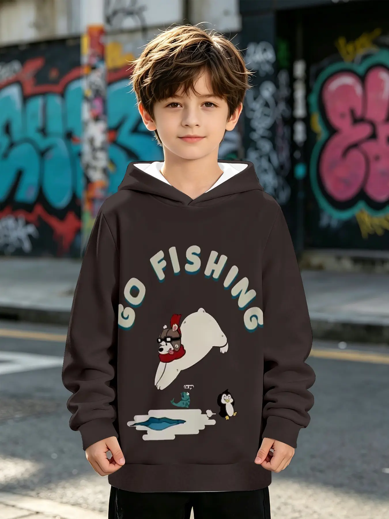 Unisex Hooded Sweatshirt, Polar Bear Penguin Fishing Cartoon Print, Long Sleeve Loose Fit Jumper, Fall & Winter Casual Wear