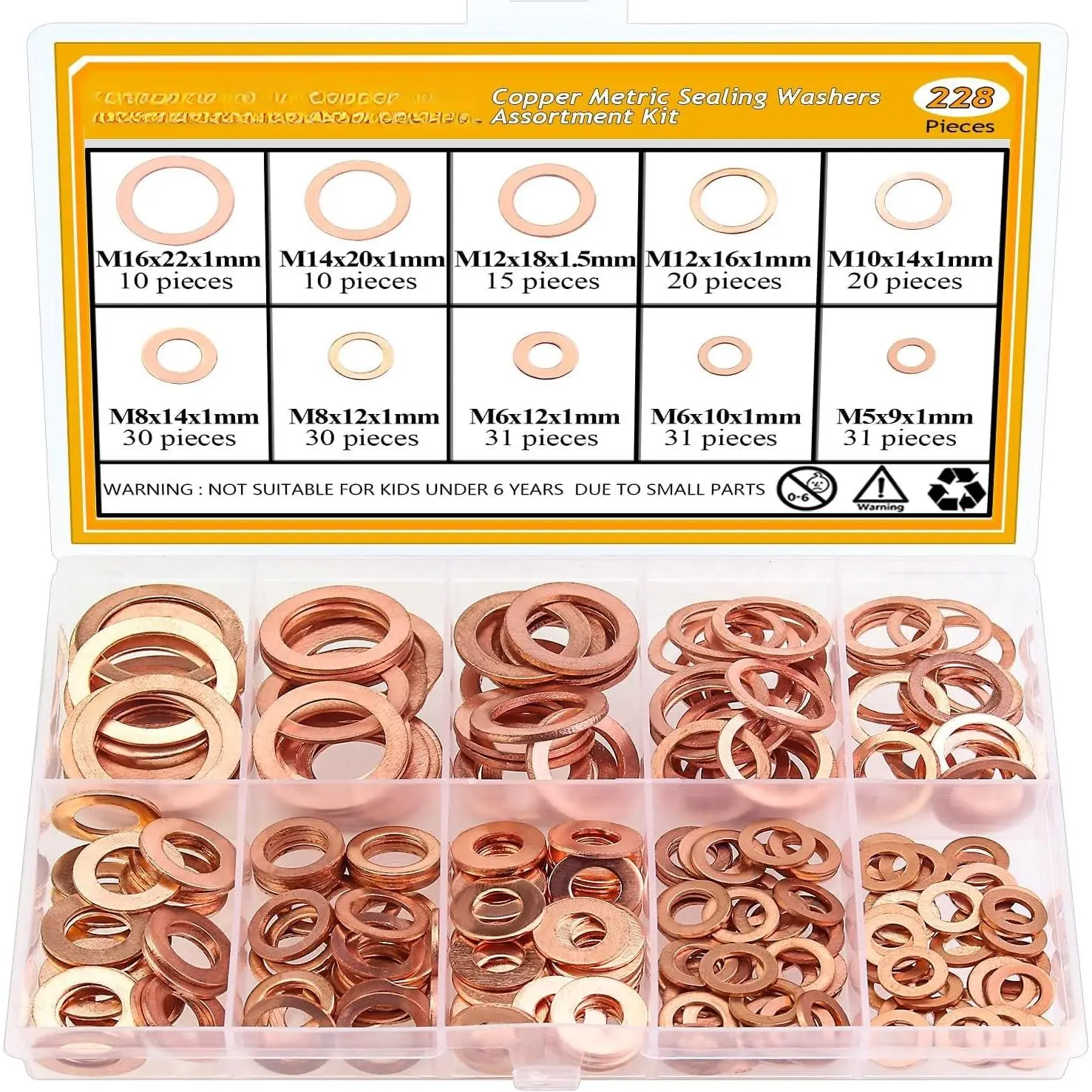 228 count 10 Sizes Copper Washers Kit - Metric Flat and Sealing Metal Washers (M5 M6 M8 M10 M12 M14 M16)