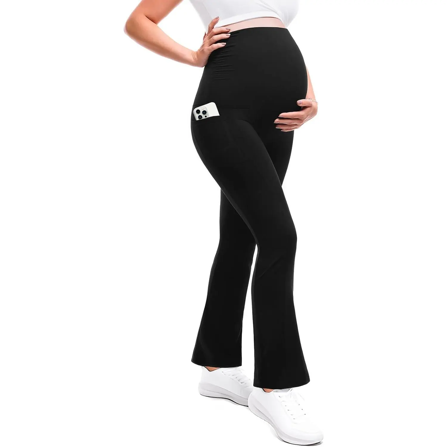 Women's Maternity Clothing: Soft Stretch Flare Leggings with Pockets, High Rise Over-the-Belly Pregnancy Clothes for Yoga, Soft Stretch Maternity Clothing & Accessories, Maternity Supplies, Prenatal Maternity Clothing
