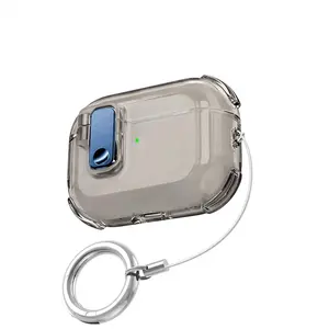 Clear Black Automatic Pop-up Earphone Case for AirPods 4 Protective Soft TPU Cover with Lock & Keychain Ring