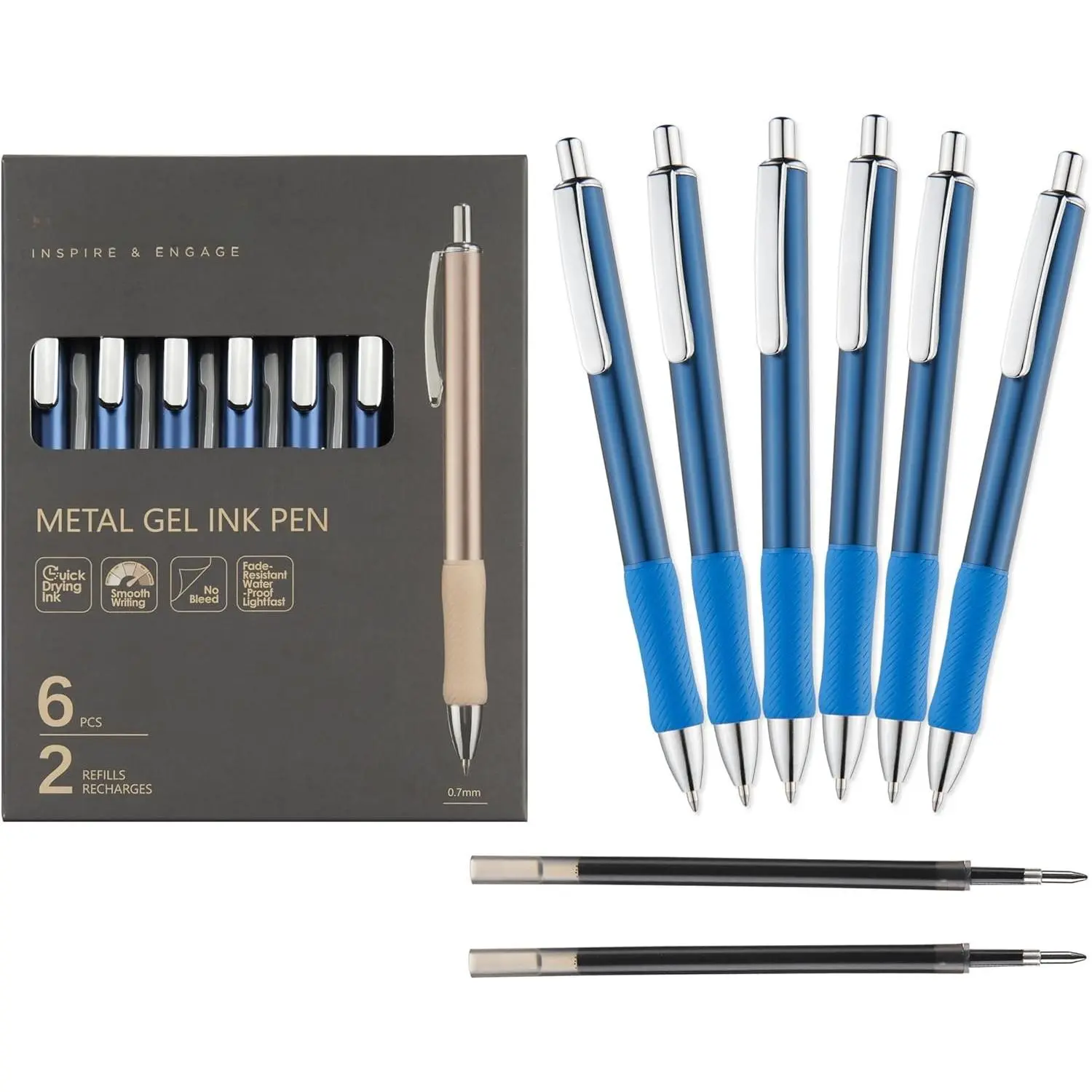 Blue Metal Gel Pens, 6 Pack with 2 Extra Refills, 0.7mm Medium Point Black Ink – Quick-Dry No-Smudge Smooth Writing Pens for Office, School, Gifts & Everyday Professional U